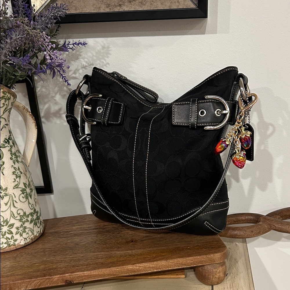 Coach Black Signature Hobo Bag with Fruit Charm Accents
